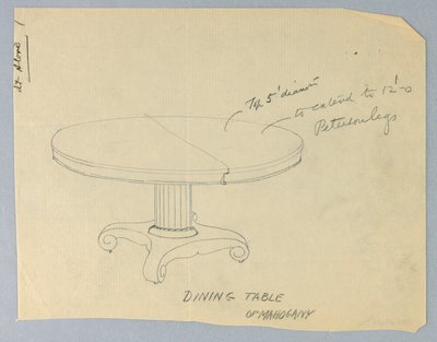 Design for a Round Dining Table of Mahogany on Scroll-Like Feet by Unknown